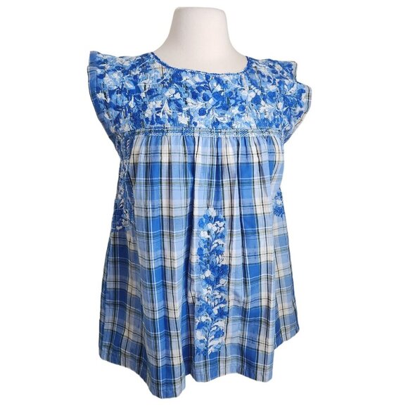 Mi golondrina Tops - MI GOLONDRINA Soledad Blouse Women's Small Floral Ruffle‎ Top Lago Blue Plaid